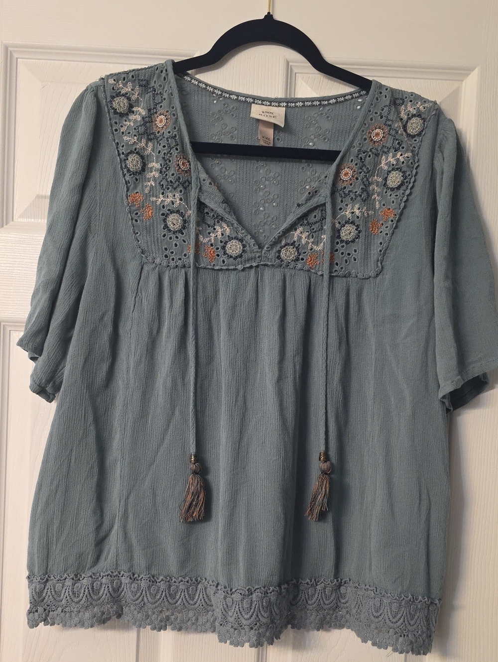 Womens Knox Rose  Light Blue Embroidered Tassel Peasant Top